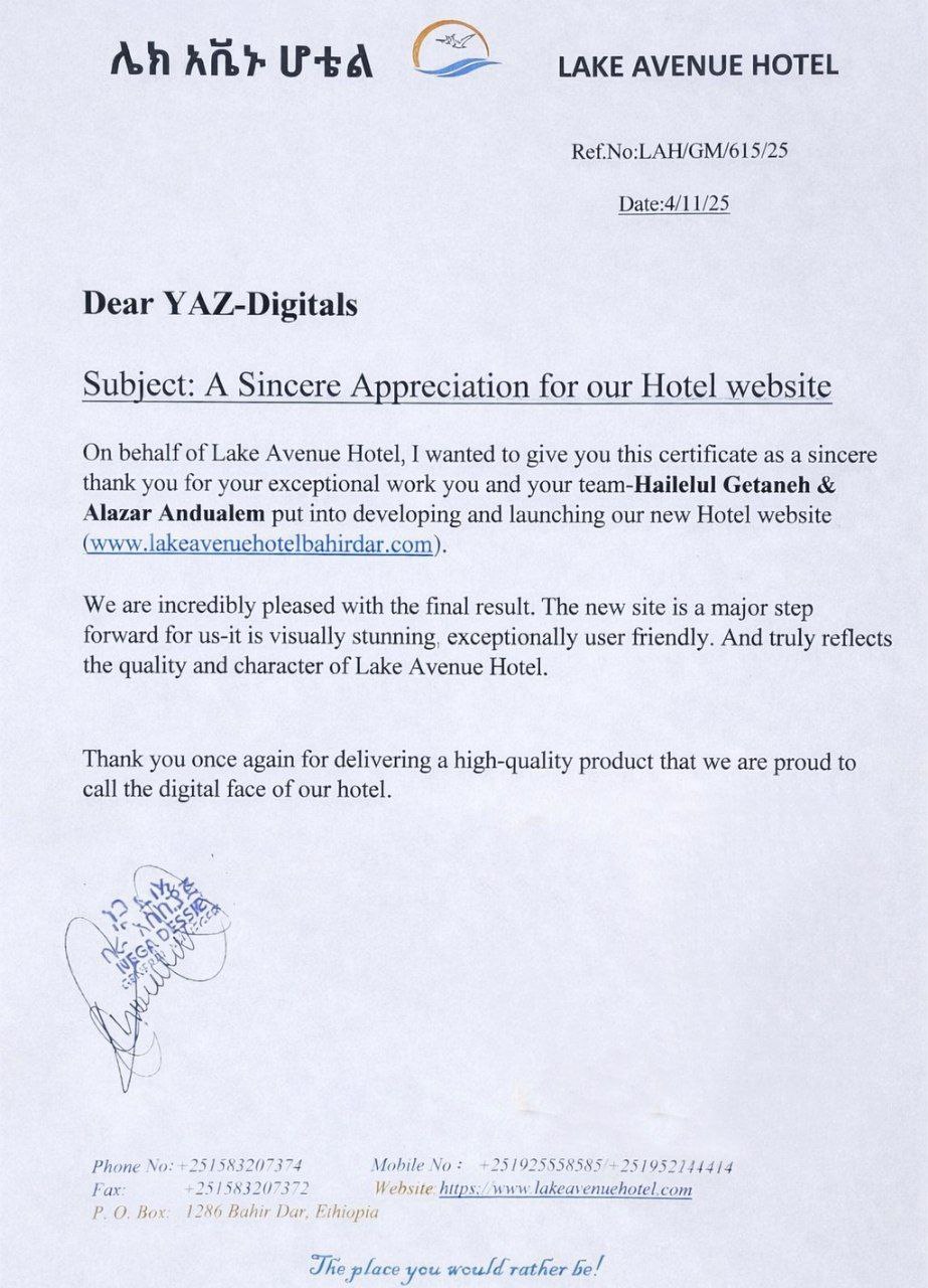 Lake Avenue Hotel Appreciation Letter